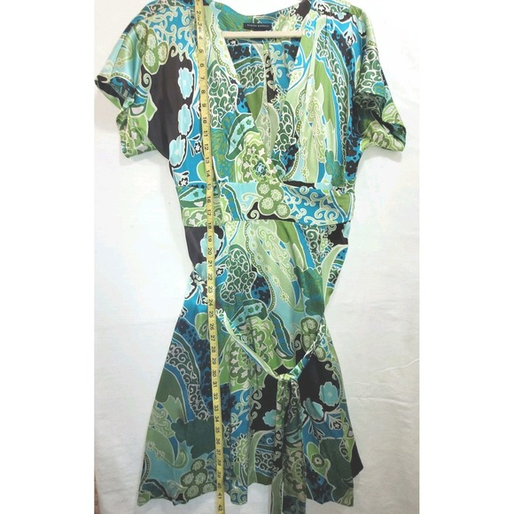 Banana Republic Silk Wrap Dress V-Neck Boho Floral Print Green Blue Womens  12 - Picture 12 of 16